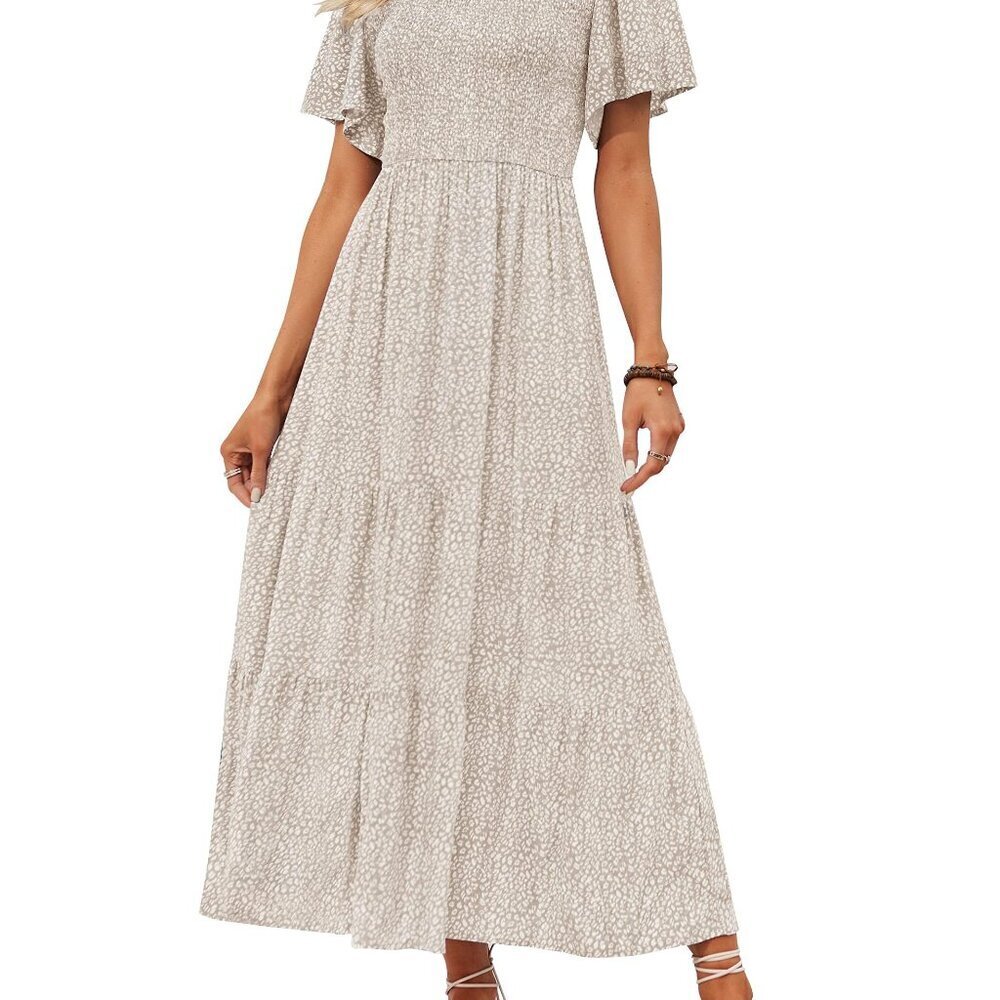 Floral Print Maxi Dress Smocked Bust Flutter Sleeve Boho Chic Summer Casual
